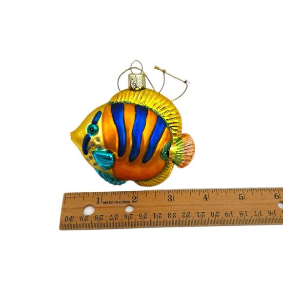 Blue Gold Orange Saltwater Fish Blown Glass Christmas Holiday Ornament 4” EUC - Picture 2 of 7